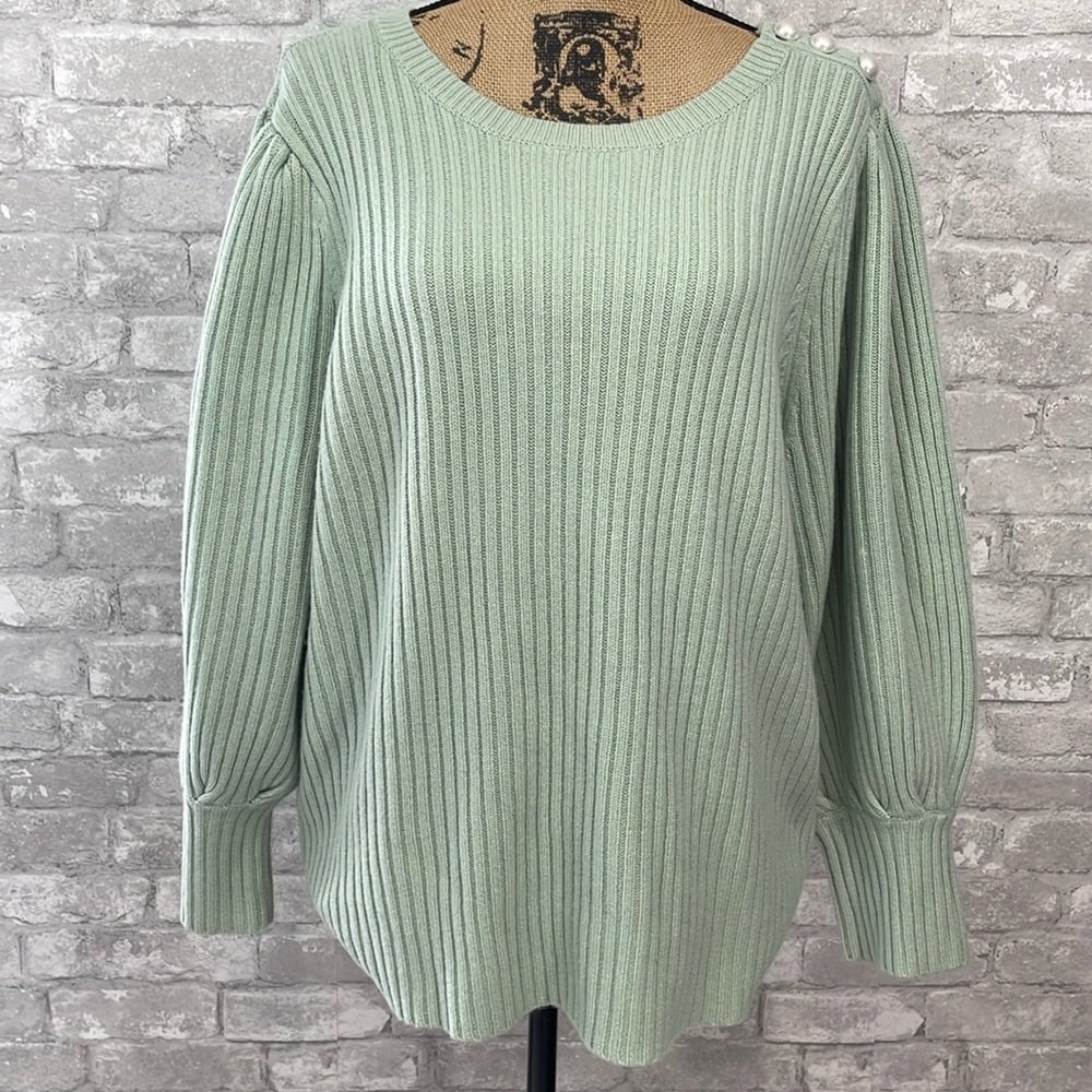 Halogen Atlantic-Pacific Balloon Sleeve Wool&Cashmere Sweater Green